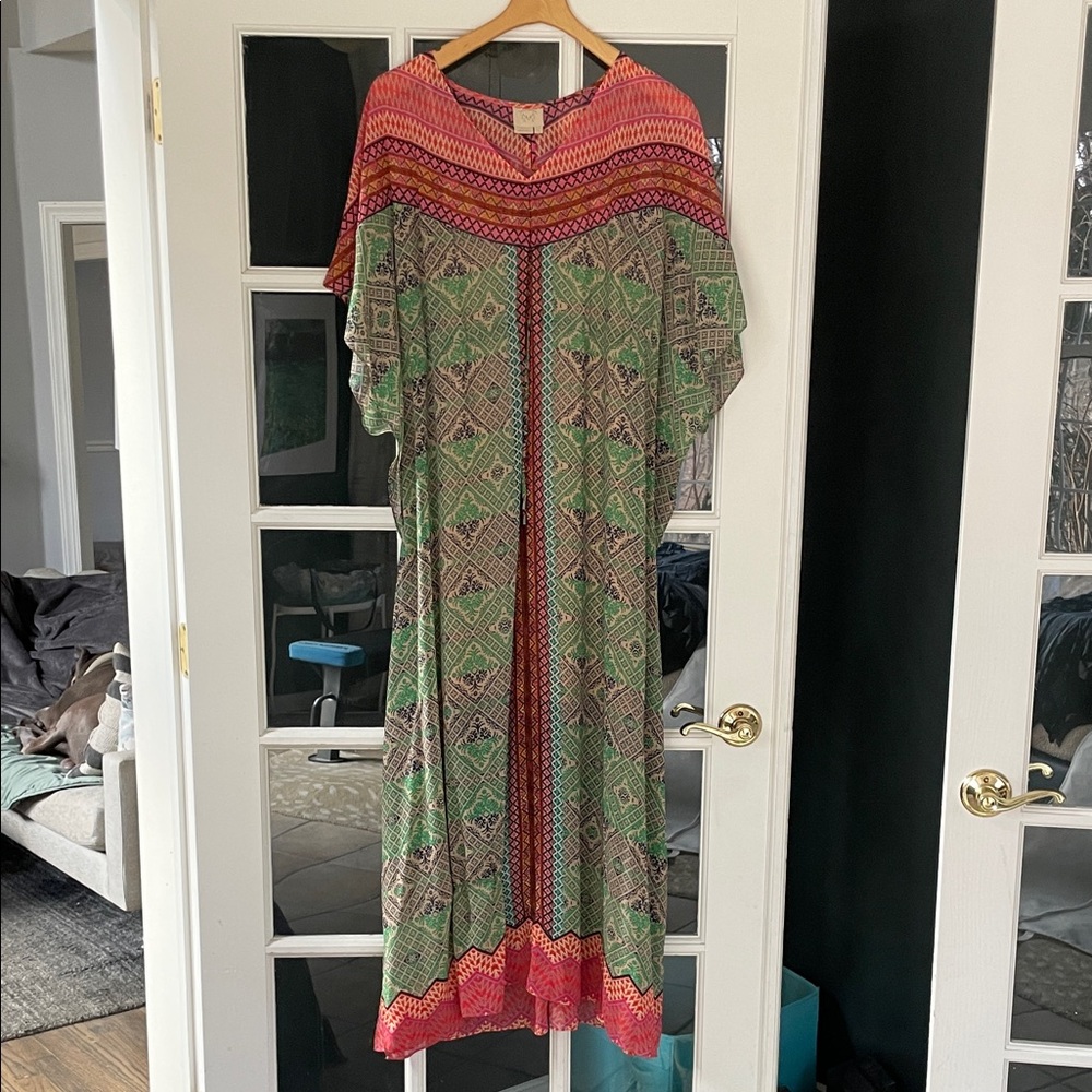 Anthropologie Green and Red Maxi Dress